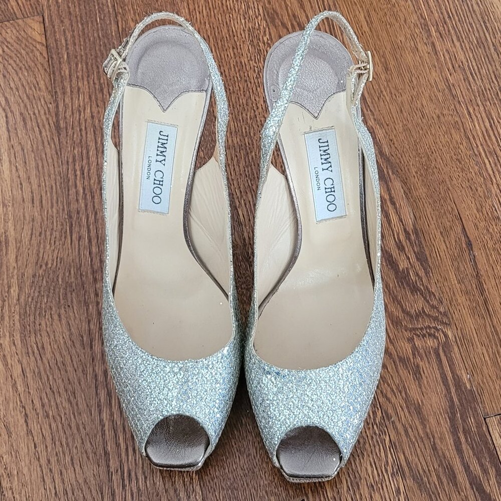 Jimmy Choo Silver Slingback Peep Toe Platform Heel